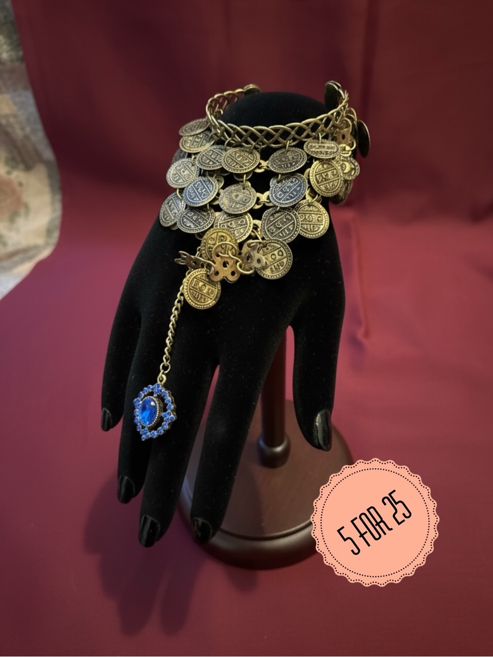 Boho Coin Hand Chain Bracelet Blue Gem Ring